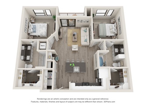 Floor plan for 2 beds, 2 baths, 1065 sqft